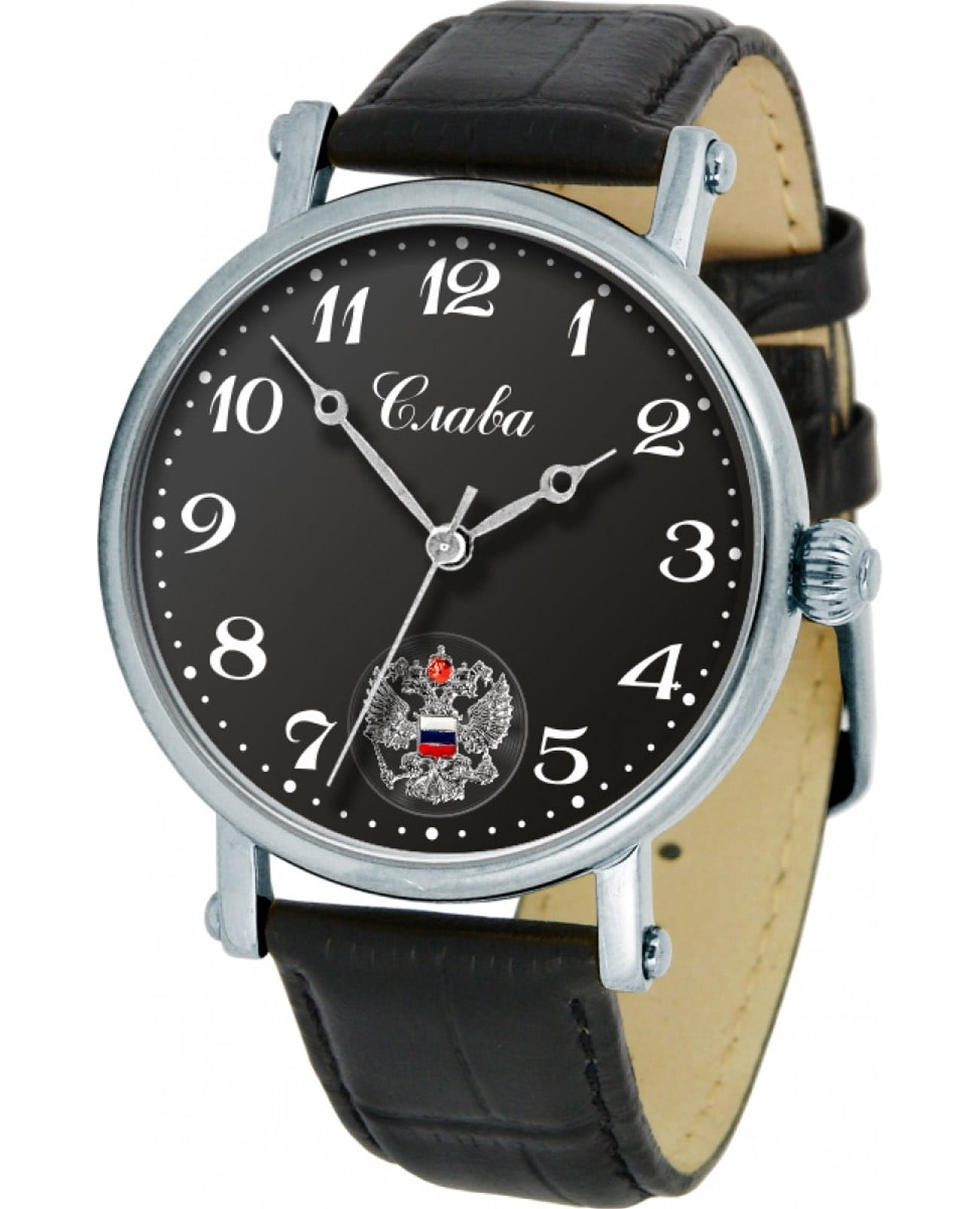 Слава Слава Премьер 8190683/300-2409.В  8190683/300-2409.В механические мужские часы черный циферблат, браслет кожаный — вид спереди